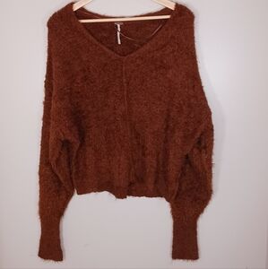 Free People‎ Fuzzy Oversized Comfy Cozy Brown Women's V-Neck Sweater Size XS